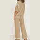 Tatina Camel Contrast Trim Half Sleeve Top Drawstring Pants Loose 2pcs Sweater Suit