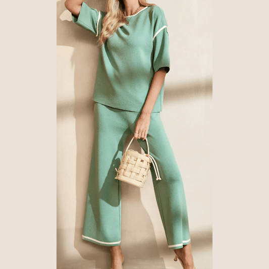 Tatina Dusty Green Contrast Trim Half Sleeve Top Drawstring Pants Loose 2pcs Sweater Suit