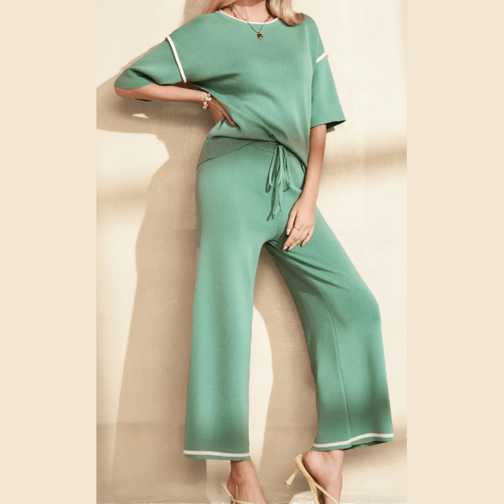 Tatina Dusty Green Contrast Trim Half Sleeve Top Drawstring Pants Loose 2pcs Sweater Suit