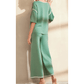 Tatina Dusty Green Contrast Trim Half Sleeve Top Drawstring Pants Loose 2pcs Sweater Suit