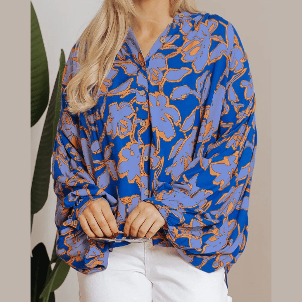 Gaya Blue Floral Print Batwing Sleeve Buttoned Loose Fit Shirt