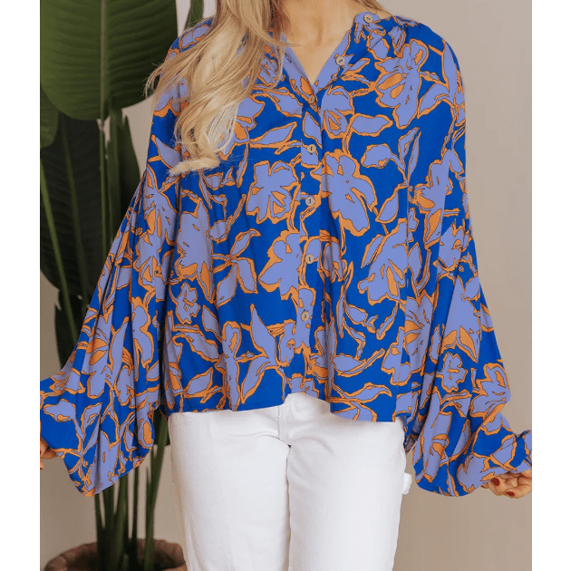 Gaya Blue Floral Print Batwing Sleeve Buttoned Loose Fit Shirt