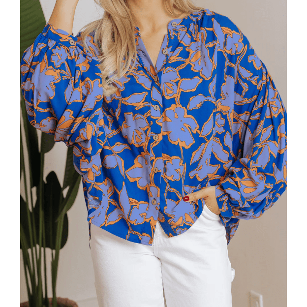 Gaya Blue Floral Print Batwing Sleeve Buttoned Loose Fit Shirt
