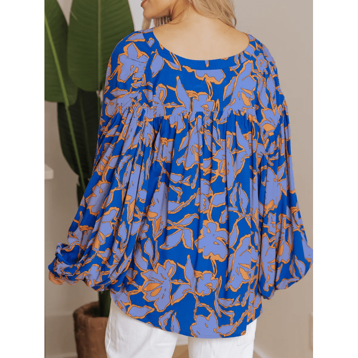 Gaya Blue Floral Print Batwing Sleeve Buttoned Loose Fit Shirt
