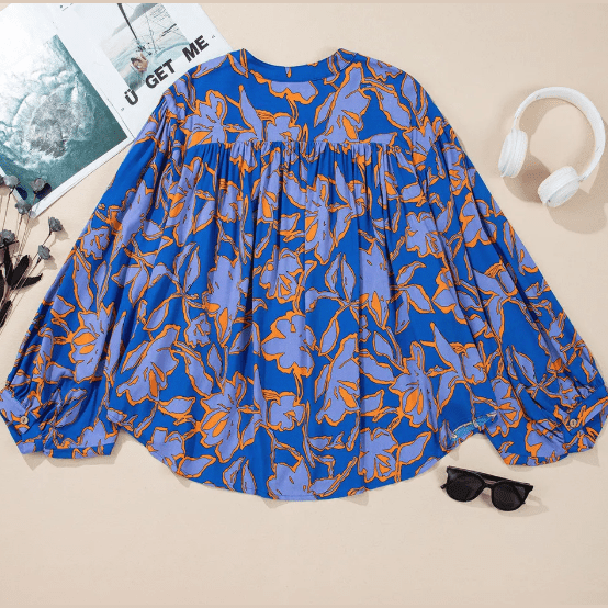 Gaya Blue Floral Print Batwing Sleeve Buttoned Loose Fit Shirt
