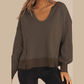 Gerri Dark Brown Waffle Knit Notched V Neck Drop Shoulder Solid Sweatshirt