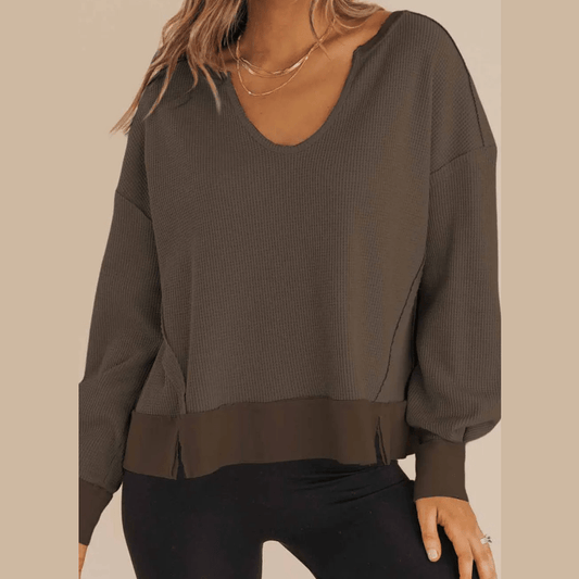 Gerri Dark Brown Waffle Knit Notched V Neck Drop Shoulder Solid Sweatshirt