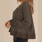 Gerri Dark Brown Waffle Knit Notched V Neck Drop Shoulder Solid Sweatshirt