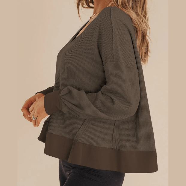 Gerri Dark Brown Waffle Knit Notched V Neck Drop Shoulder Solid Sweatshirt