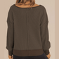 Gerri Dark Brown Waffle Knit Notched V Neck Drop Shoulder Solid Sweatshirt