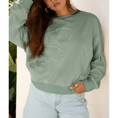 Amaya Green Raw Edge Flower Patch Drop Shoulder Casual Top
