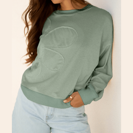 Amaya Green Raw Edge Flower Patch Drop Shoulder Casual Top