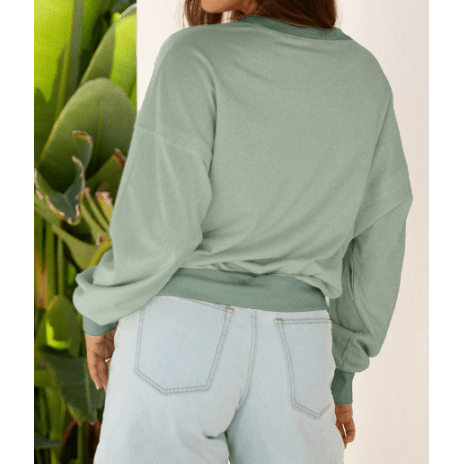 Amaya Green Raw Edge Flower Patch Drop Shoulder Casual Top