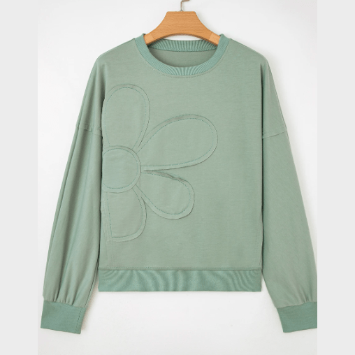 Amaya Green Raw Edge Flower Patch Drop Shoulder Casual Top
