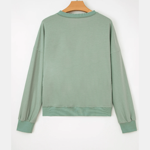Amaya Green Raw Edge Flower Patch Drop Shoulder Casual Top