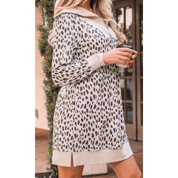 Marlise Khaki Leopard Print Zip up Collar Patchwork Shift Mini Dress