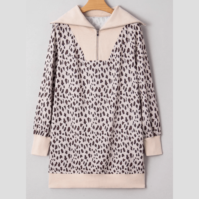 Marlise Khaki Leopard Print Zip up Collar Patchwork Shift Mini Dress