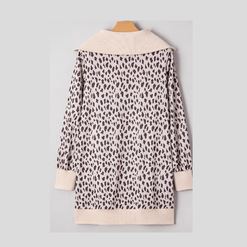 Marlise Khaki Leopard Print Zip up Collar Patchwork Shift Mini Dress