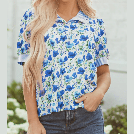 RTS Krystle Blue Floral Print Striped Patchwork Collared Short Sleeve Blouse