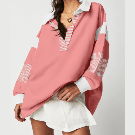 Nomi Pink Striped Colorblock Patchwork Collar Sweatshirt