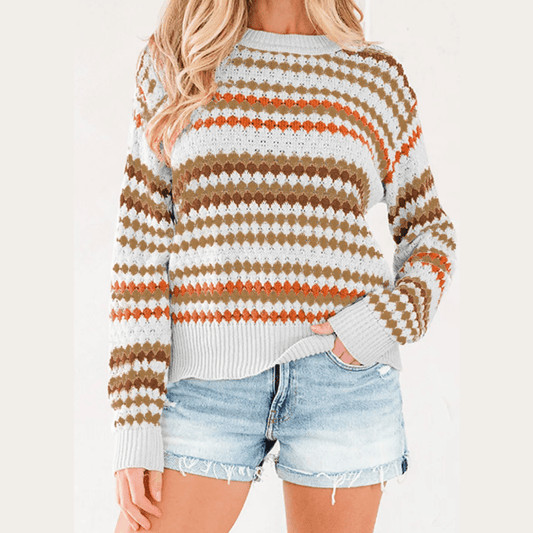 Carrie Brown Stripe Eyelet Patterned Drop Shoulder Sweater