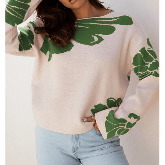 Haven Green Bold Flower Pattern Wide Sleeve Baggy Sweater