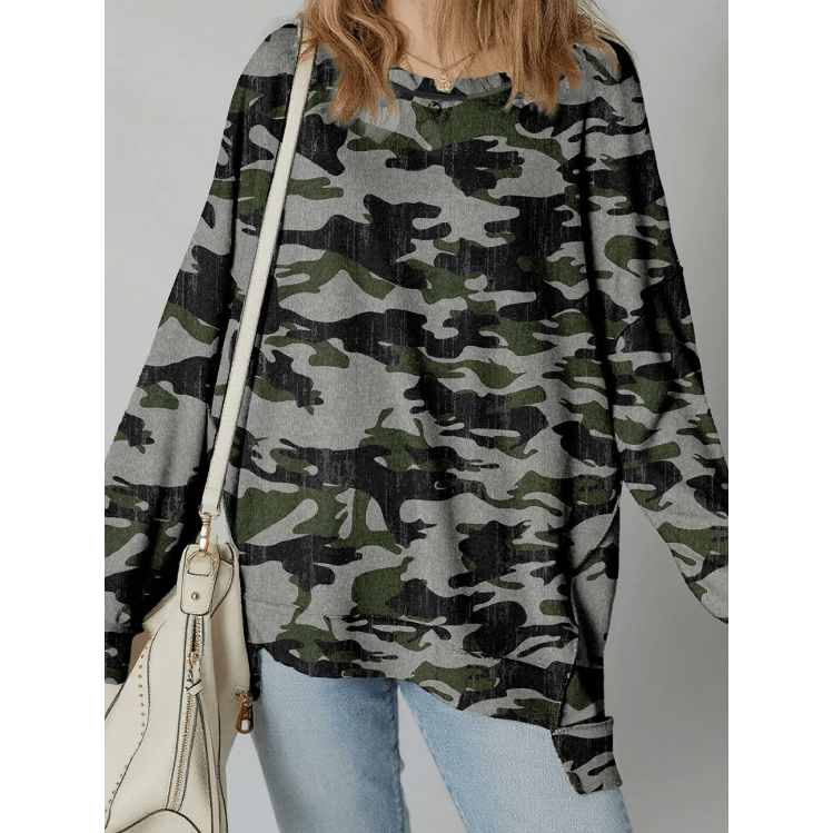 Farah Dark Green Retro Camouflage Print Exposed Seam Patchwork Drop Shoulder Sweatshirt