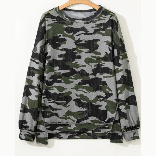 Farah Dark Green Retro Camouflage Print Exposed Seam Patchwork Drop Shoulder Sweatshirt