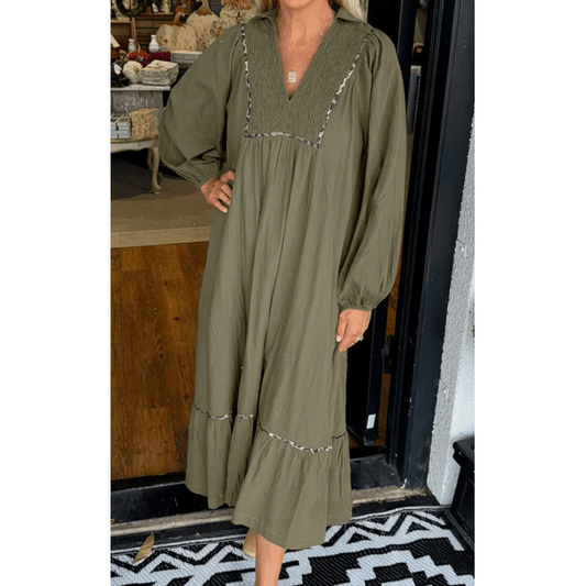Deni Four Leaf Clover Collared V Neck Smocked Detail Contrast Leopard Trim Bracelet Sleeve Long Dress