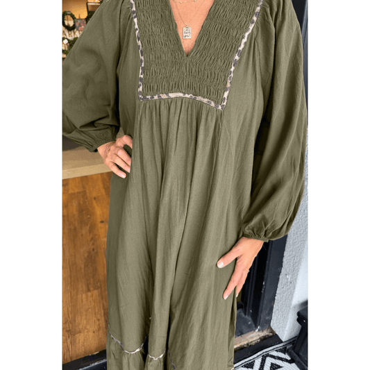 Deni Four Leaf Clover Collared V Neck Smocked Detail Contrast Leopard Trim Bracelet Sleeve Long Dress