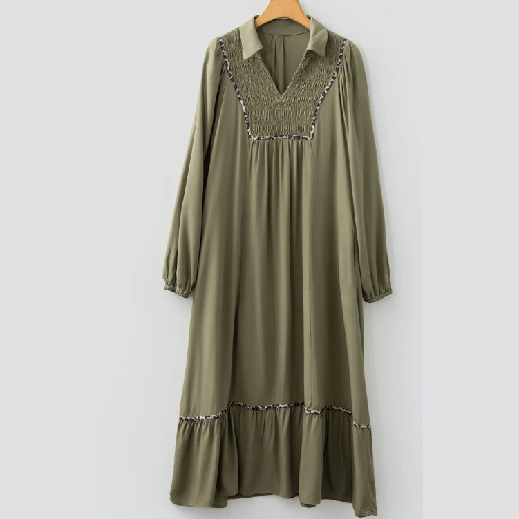 Deni Four Leaf Clover Collared V Neck Smocked Detail Contrast Leopard Trim Bracelet Sleeve Long Dress