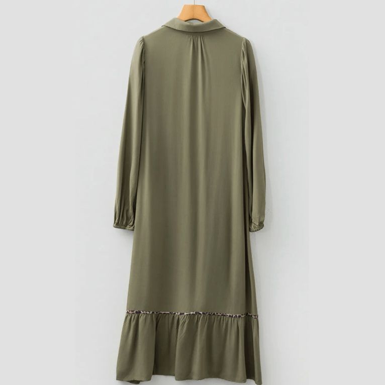 Deni Four Leaf Clover Collared V Neck Smocked Detail Contrast Leopard Trim Bracelet Sleeve Long Dress