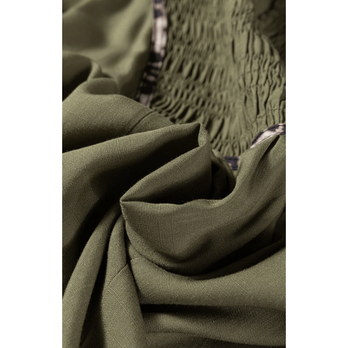 Deni Four Leaf Clover Collared V Neck Smocked Detail Contrast Leopard Trim Bracelet Sleeve Long Dress