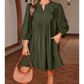 Letty Moss Green Bracelet Sleeve Split Neck Scallop Detail Pleated Corduroy Mini Dress