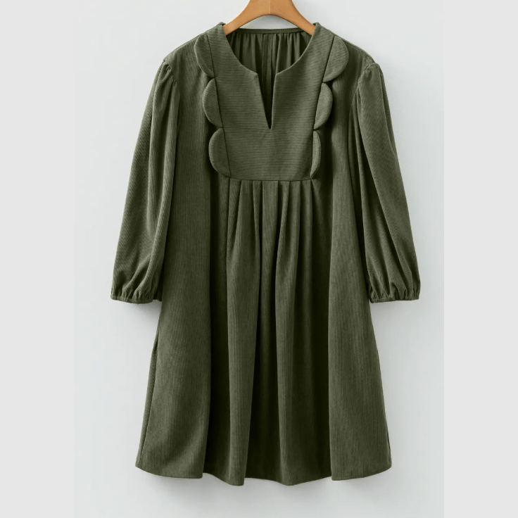 Letty Moss Green Bracelet Sleeve Split Neck Scallop Detail Pleated Corduroy Mini Dress