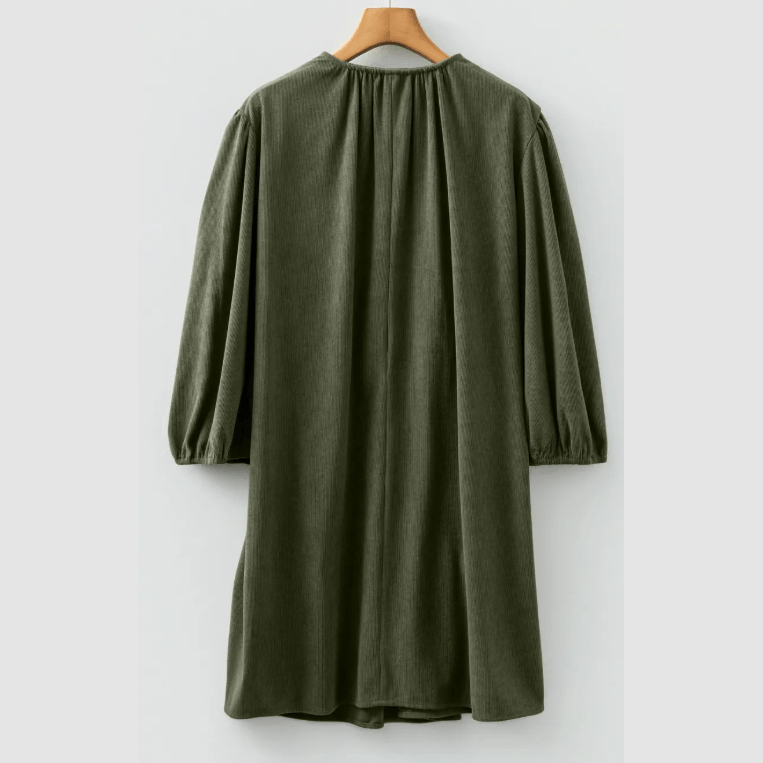 Letty Moss Green Bracelet Sleeve Split Neck Scallop Detail Pleated Corduroy Mini Dress