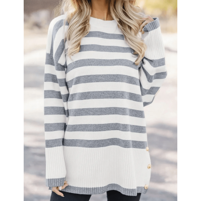 Alexie Stripe Ribbed Buttoned Detail Drop Shoulder Tunic Sweater
