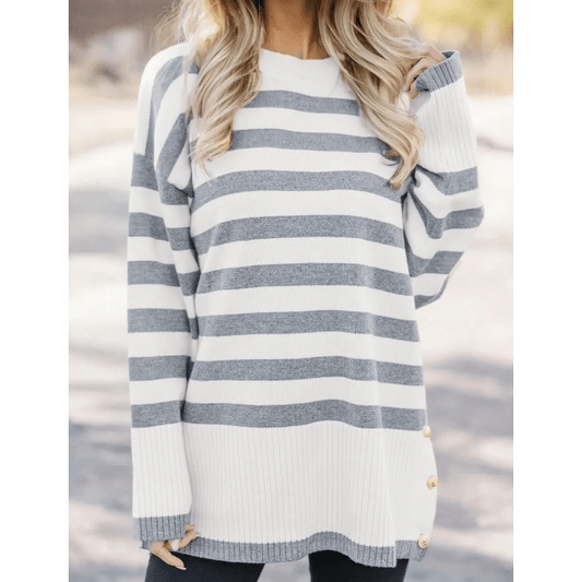 Alexie Stripe Ribbed Buttoned Detail Drop Shoulder Tunic Sweater