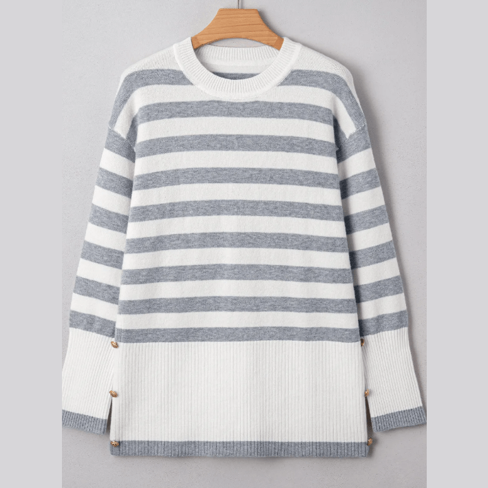 Alexie Stripe Ribbed Buttoned Detail Drop Shoulder Tunic Sweater