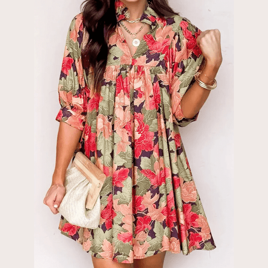 Charlene Green Floral Print Frilled Collar V Neck Half Sleeve Mini Dress
