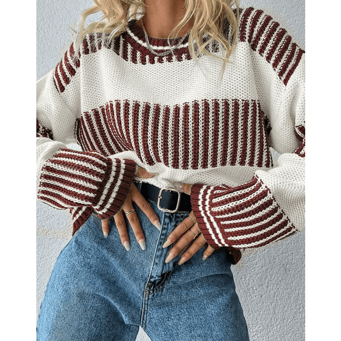 Alexee Brown Two Tone Striped Patchwork Drop Shoulder Loose Sweater