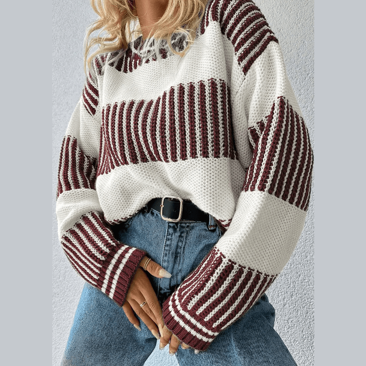 Alexee Brown Two Tone Striped Patchwork Drop Shoulder Loose Sweater