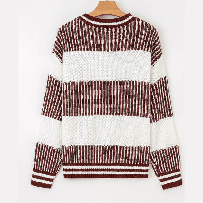 Alexee Brown Two Tone Striped Patchwork Drop Shoulder Loose Sweater