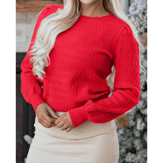 Aurelia Red Pattern Knit Ribbed Cuffs Crew Neck Sweater