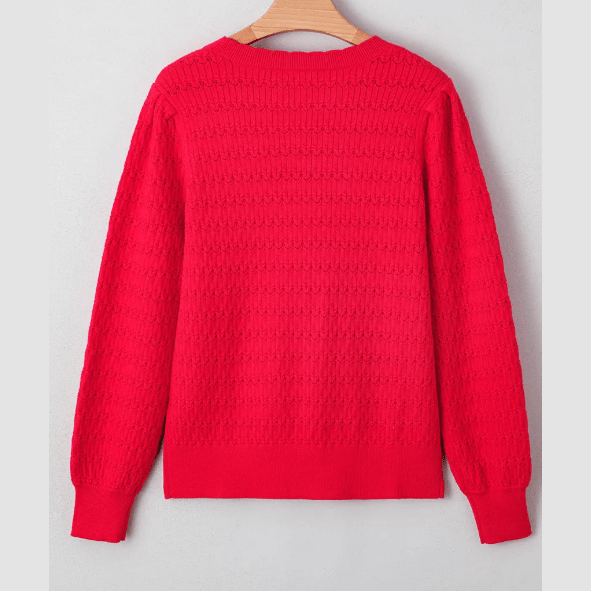 Aurelia Red Pattern Knit Ribbed Cuffs Crew Neck Sweater