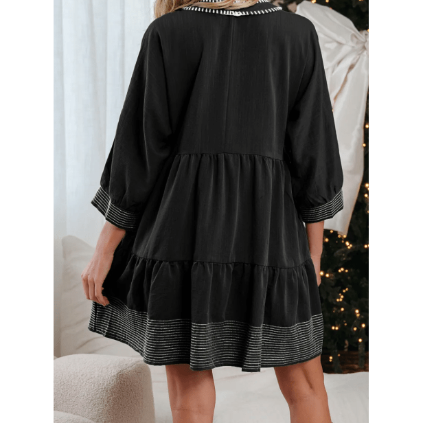 Kesha Black Contrast Stitched V Neck 3/4 Sleeve Tiered Mini Dress