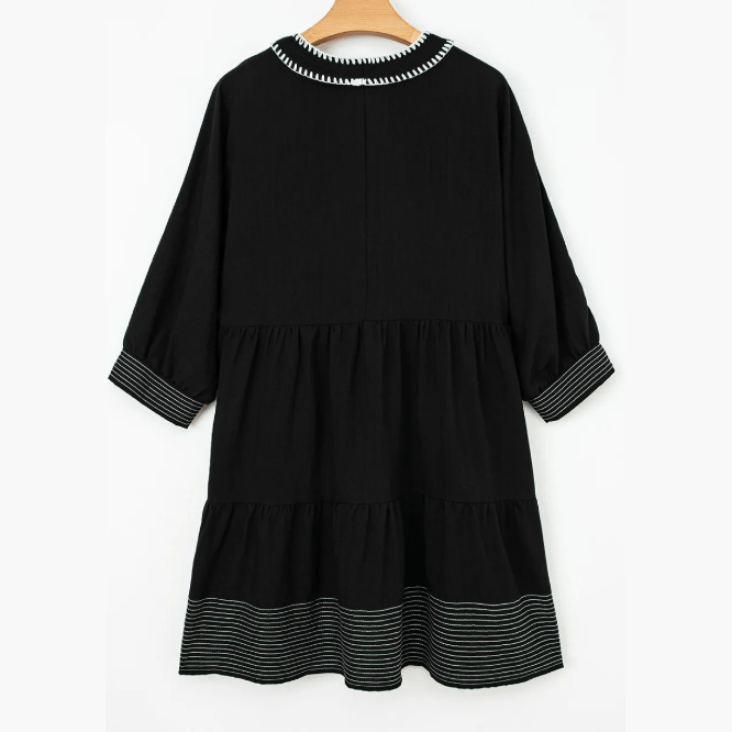Kesha Black Contrast Stitched V Neck 3/4 Sleeve Tiered Mini Dress