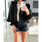 Maurissa Black Puffy Flounce Sleeve Leopard Trim V Neck Blouse