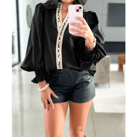 Maurissa Black Puffy Flounce Sleeve Leopard Trim V Neck Blouse