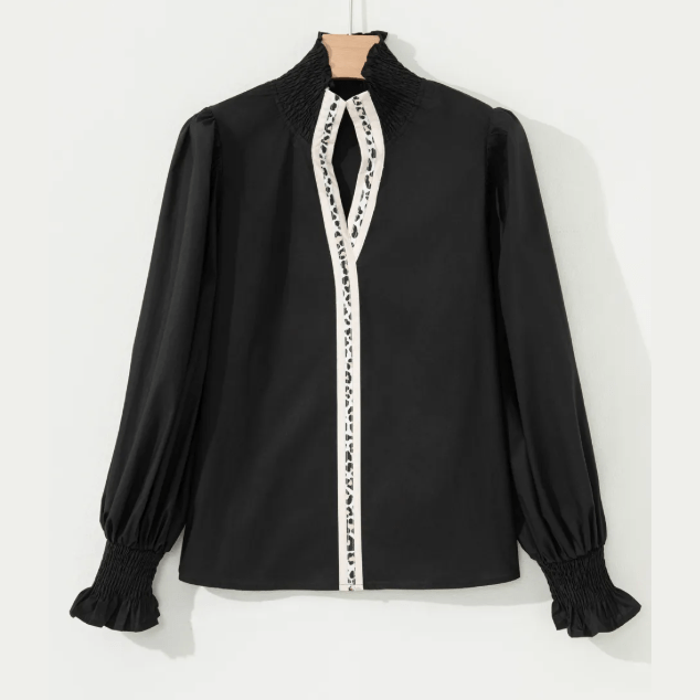 Maurissa Black Puffy Flounce Sleeve Leopard Trim V Neck Blouse